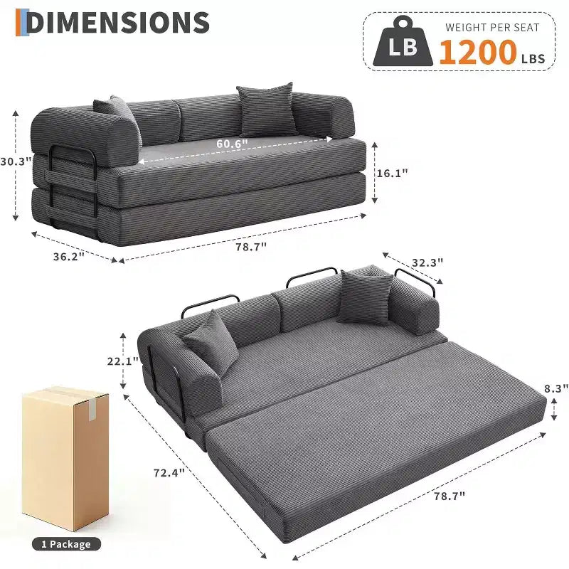 Canapé-lit convertible 2-en-1, confortable et pliant, en velours côtelé, avec assise profonde et accoudoirs larges, canapé sans structure rigide pour salon et appartement