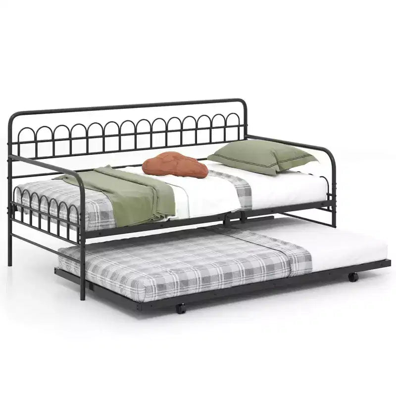 Costway Einzel-Tagesbett mit Ausziehbett, geschwungener Rückenlehne und Armlehnen, robuste Metallstreben, Schwarz/Gold