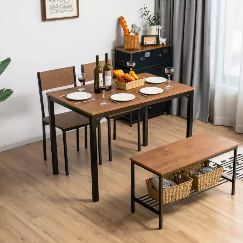 Costway eettafelset met 4 delen, rustieke tafel, 2 stoelen en bank met opbergrek