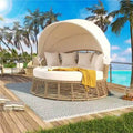 Daybed rotondo da esterno in rattan con tettoia e cuscini rimovibili