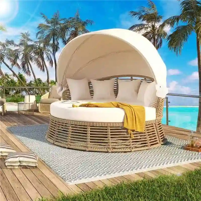 Daybed rotondo da esterno in rattan con tettoia e cuscini rimovibili