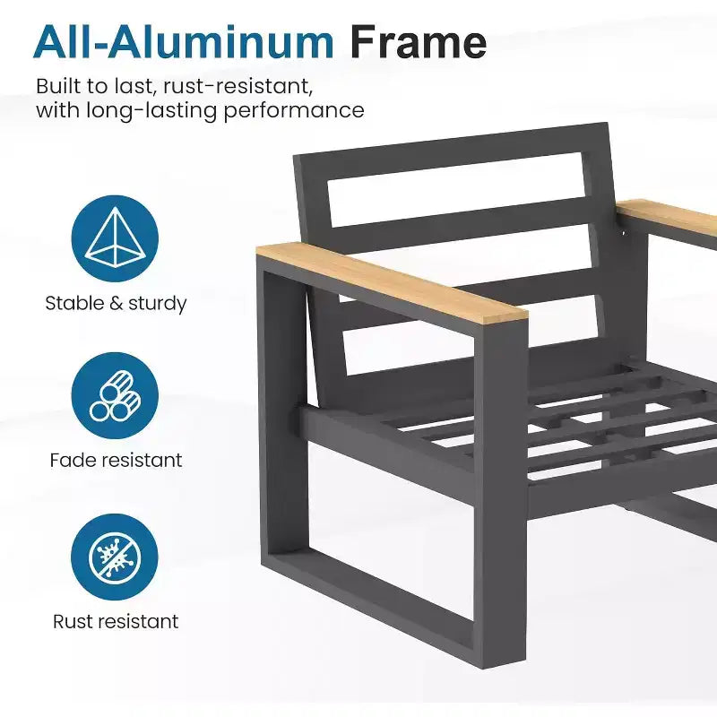 Canapé d’extérieur deux places en aluminium Heynemo, mobilier de patio en métal résistant aux intempéries, canapé de patio pour véranda, cour et jardin