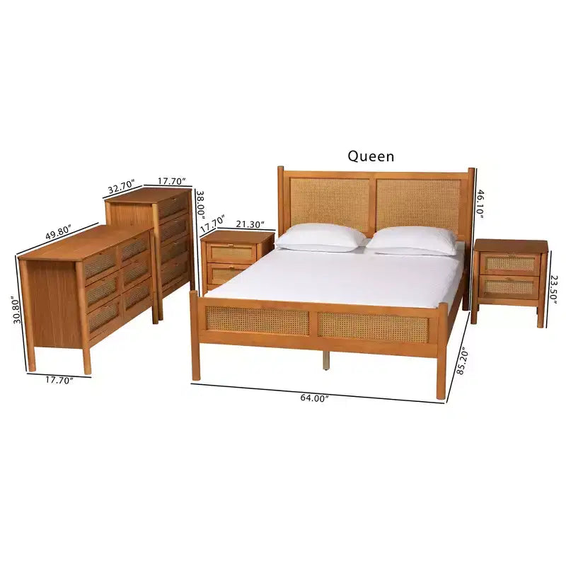 Baxton Studio Jenn Japandi-slaapkamersset van 5 delen in goudbruin hout, queensize, met rotan met verweerde afwerking
