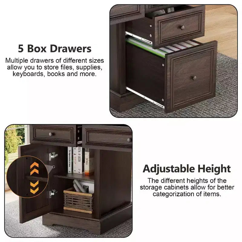 60 Farmhouse Executive Desk for Home Office - Wooden Writing Desk with Drawers, Cabinet Storage, Rustic Home Office Desk for Work Study