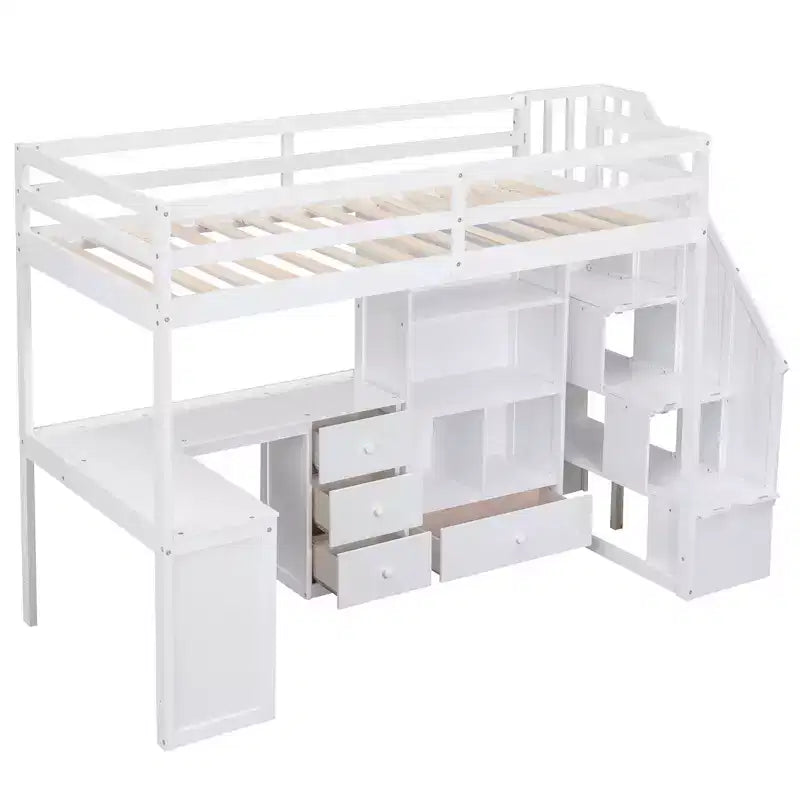 Lit mezzanine simple avec bureau en L, 3 tiroirs, armoire, rangement sous l’escalier, structure en pin massif/MDF