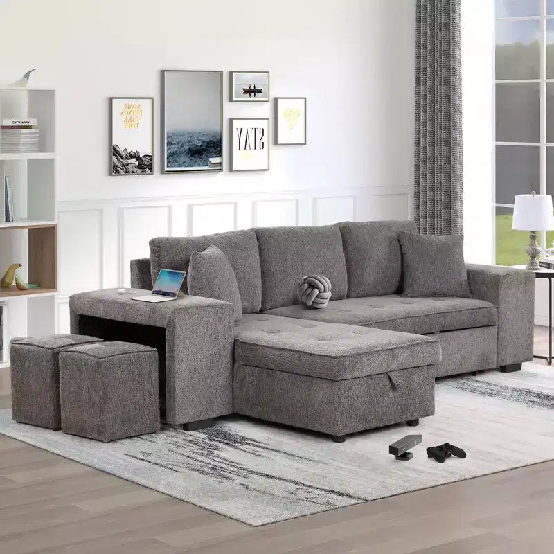 Divano componibile letto reversibile a L da 104.5 con chaise longue contenitore e 2 sgabelli - Divano letto trasformabile a 3 posti per il soggiorno