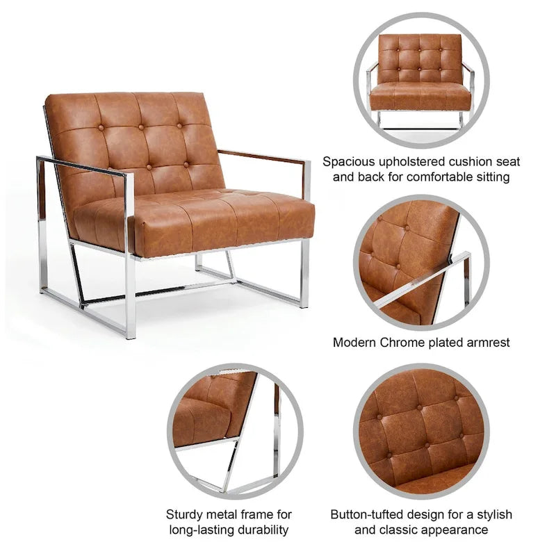 Fauteuil d’appoint Glitzhome crème de style mi-siècle moderne, revêtement en cuir PU capitonné et structure chromée, hauteur de 30.50