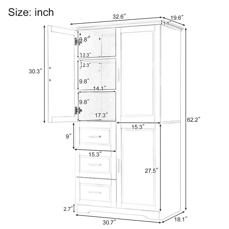 Armoire de rangement haute et large avec portes pour salle de bains, trois tiroirs
