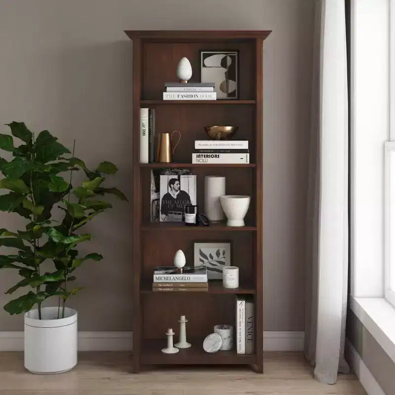 70-Zoll-Bücherregal aus massivem Holz mit fünf Fächern - lackierte Kiefer, 4 verstellbare Einlegeböden