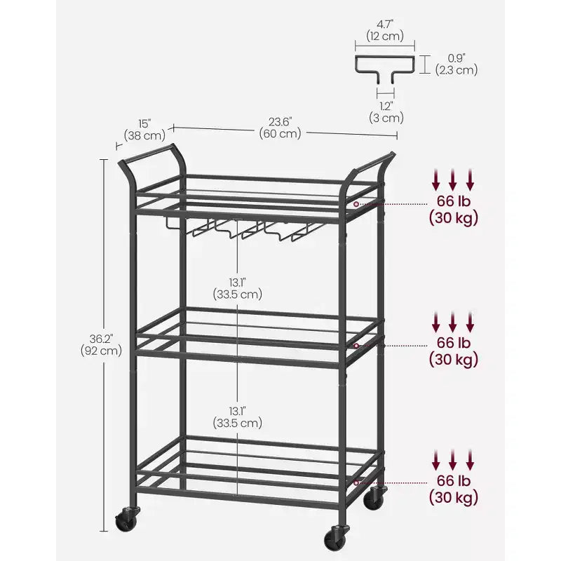 Carrello bar, carrello di servizio per bar domestico, piccolo carrello bar con 3 ripiani, portabottiglie e portabicchieri, carrello bar, 15 x 23.6 x 36.2 pollici