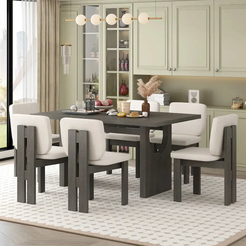 Set da pranzo da 7 pezzi, in legno massello, con tavolo rettangolare, base a cavalletto e 6 sedie imbottite