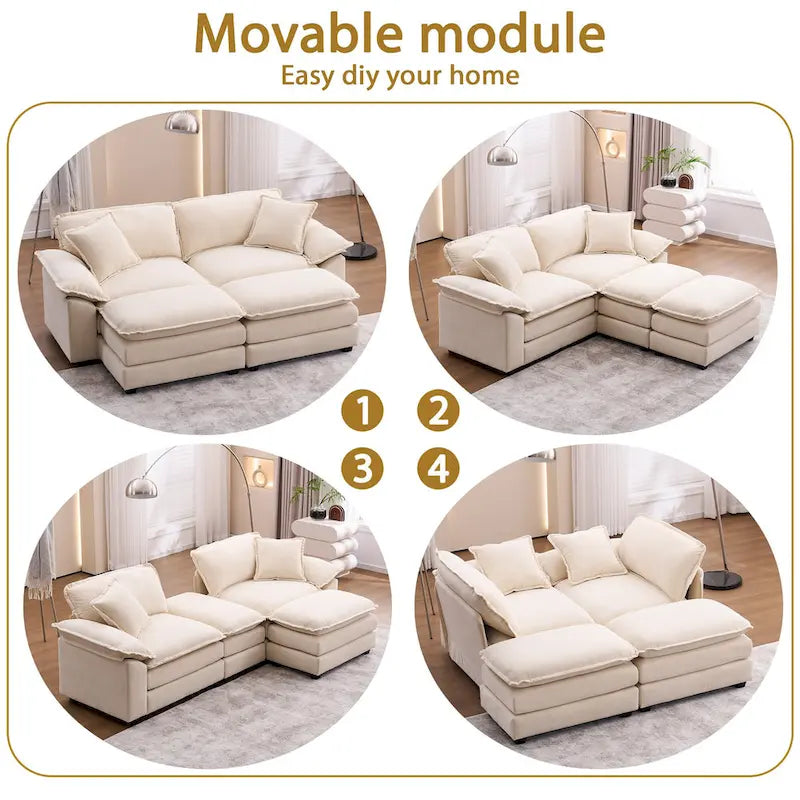Divano a 2 posti con 2 cuscini, 2 guanciali e 2 pouf, divano comodo - Divano profondo modulare per soggiorno
