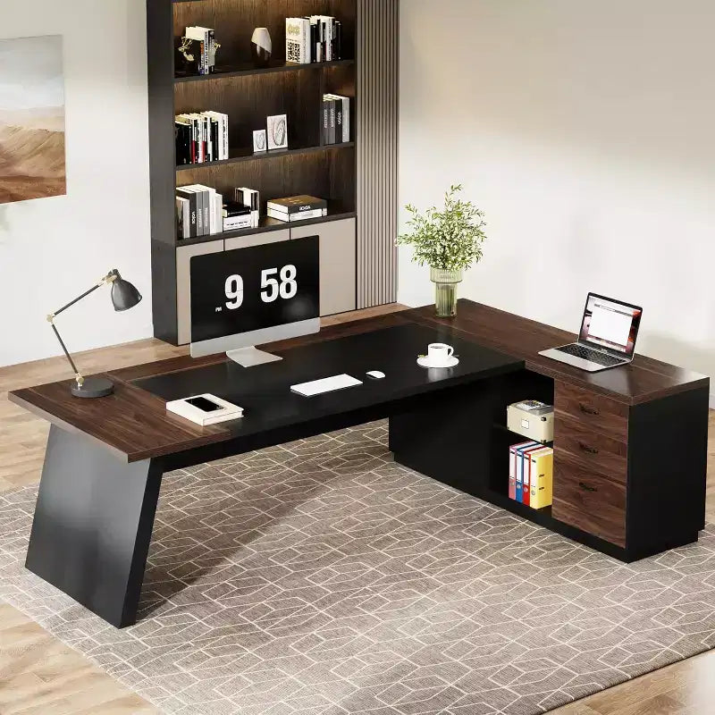 Moderner Lantine-Chefschreibtisch in L-Form, 78 L, mit Schubladen und seitlichem Aktenschrank