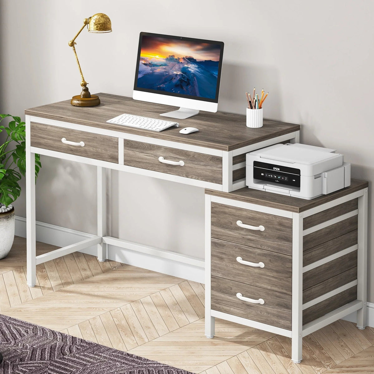 Wendbarer Computerschreibtisch mit 5 Schubladen, Schreibtisch fürs Homeoffice mit Aktenschublade und Druckerständer