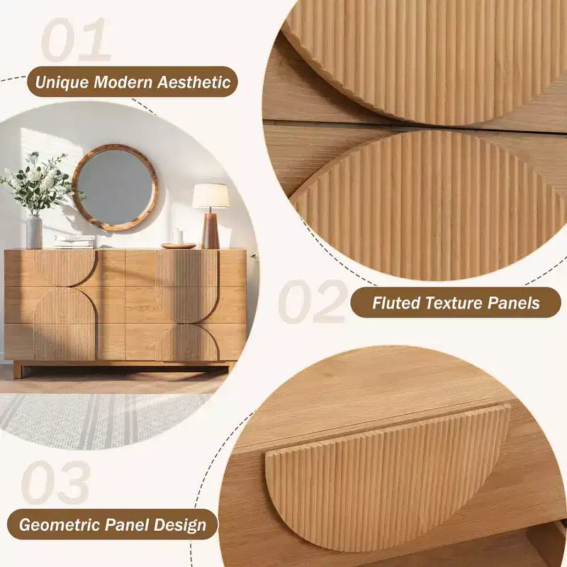 Moderne geometrische Kommode mit 6 Schubladen, breiter Stauraumschrank mit Halbkreismuster für Schlafzimmer und Wohnzimmer
