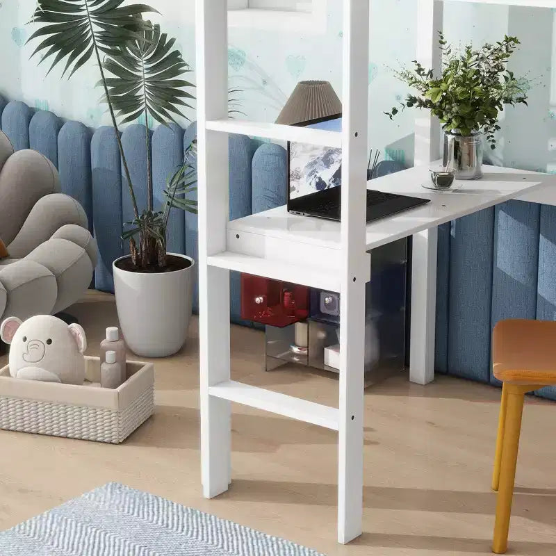 Lit mezzanine minimaliste Okak avec échelle, lit mezzanine pour lit simple en bois d’hévéa avec garde-corps de sécurité et bureau intégré, cadre de lit pour enfants et adolescents