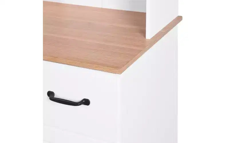 23-Zoll-Küchenschrank aus Holz, Vorratsschrank mit Mikrowellenfach, Glastüren und Schubladen, verstellbare Einlegeböden, weiß