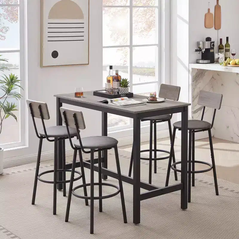 5-teiliges Esszimmerset, Bartisch-Set mit 4 gepolsterten Hockern, Holzrückenlehne und ringförmiger Fußstütze, für Wohnzimmer, Arbeitszimmer oder Esszimmer