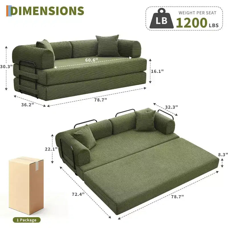 2-in-1-Schlafsofa, bequemes Klappsofa aus Cord mit tiefer Sitzfläche und breiten Armlehnen, Sofa ohne Gestell, für Wohnzimmer und Wohnungen