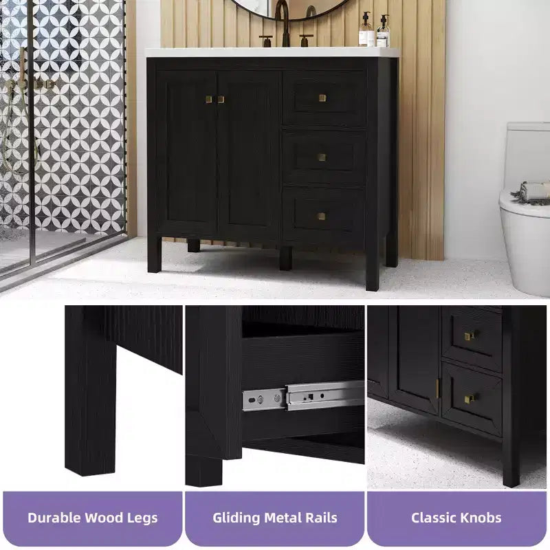 Mobile bagno da 36 pollici con lavabo in ceramica, mobile contenitore con 2 ante e 3 cassetti, 2 ante