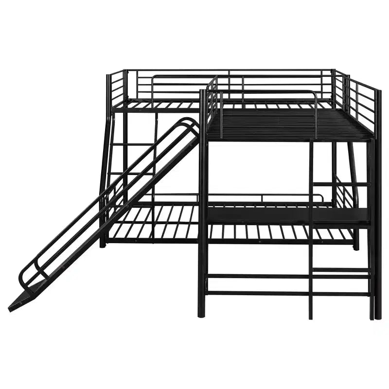 Lit superposé en métal avec lits jumeaux et grand lit, lit superposé en forme de L pour 3 enfants, lit superposé triple robuste avec bureau et toboggan, noir