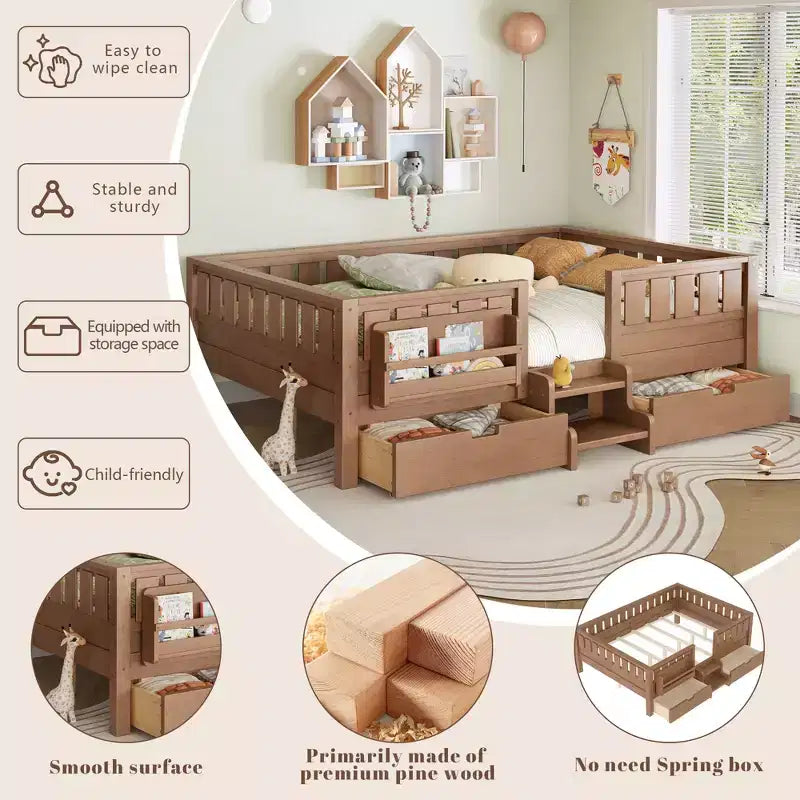 Lit pour enfant Bellemave format queen avec 14 barrières de sécurité, cadre de lit compact avec bibliothèque intégrée et 2 tiroirs de rangement sous le lit