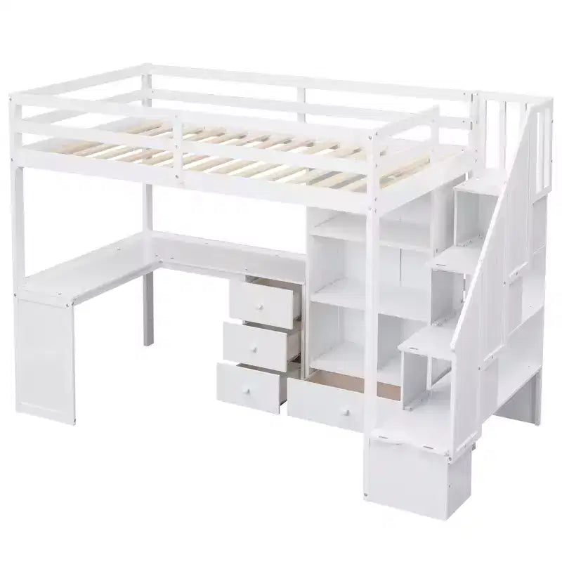 Lit mezzanine simple avec bureau en L, 3 tiroirs, armoire, rangement sous l’escalier, structure en pin massif/MDF