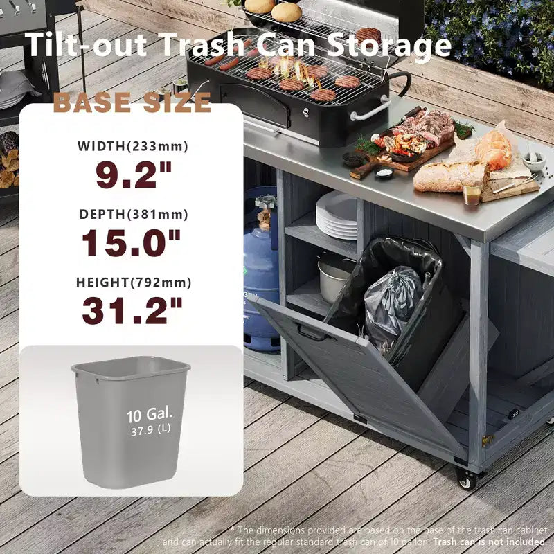Buiteneiland voor de keuken met inklapbare zijtafel, buitenkeukenwagen met roestvrijstalen blad, verborgen afvalbak voor gazon en tuin