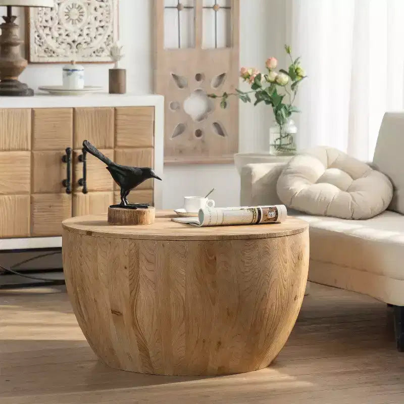 Ronde salontafel met opbergruimte in retrostijl, gemaakt van hout, geschikt voor de woonkamer, eetkamer of kantoor.
