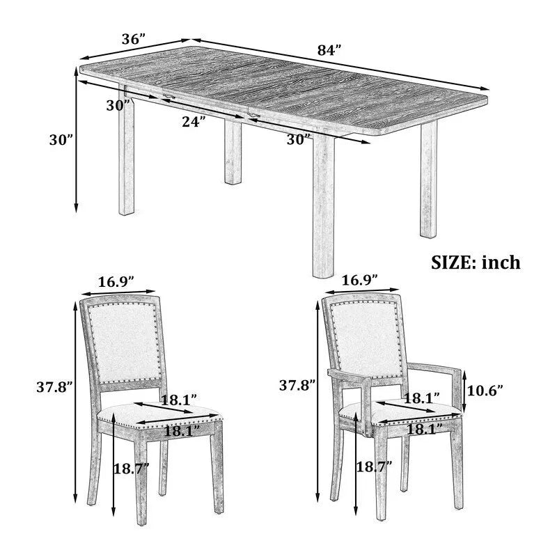 9-teiliges ausziehbares Esszimmer-Set mit 24inch Einlegeplatte, 6 gepolsterten Esszimmerstühlen ohne Armlehnen und 2 gepolsterten Armlehnstühlen