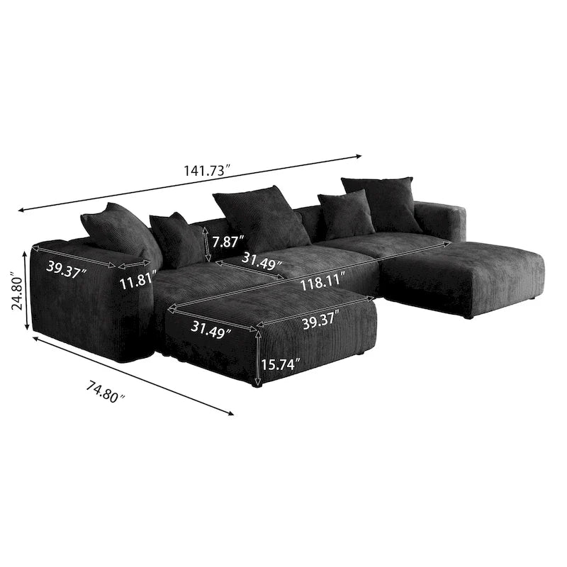 Canapé modulable d’angle de 141.73, canapé en velours côtelé en U avec poufs