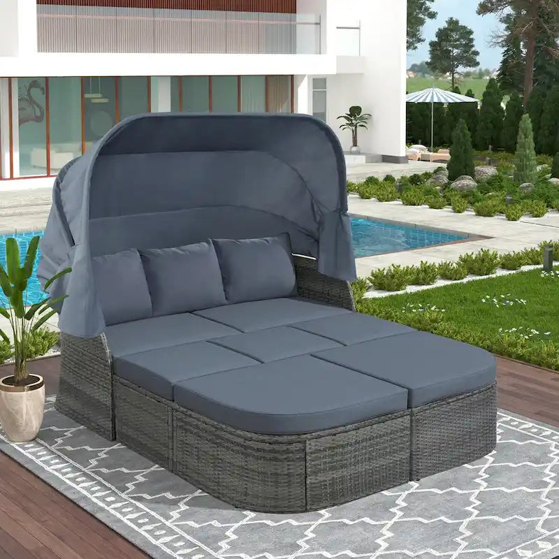 Graues Outdoor-Daybed aus Rattan mit Kissen und ausziehbarem Sonnendach