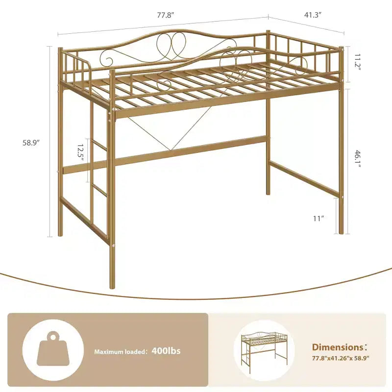 Hochbett in Einzelbettgröße mit abnehmbarer Leiter und umlaufendem Schutzgeländer, robustes Metallgestell, Belastbarkeit 400 lbs, platzsparend