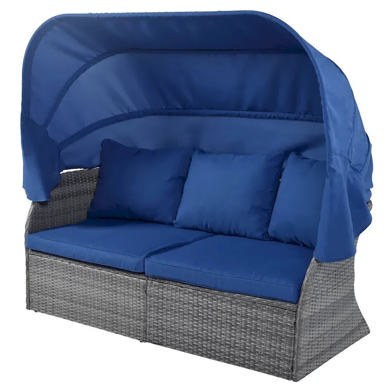 Graues Outdoor-Daybed aus Rattan mit Kissen und ausziehbarem Sonnendach