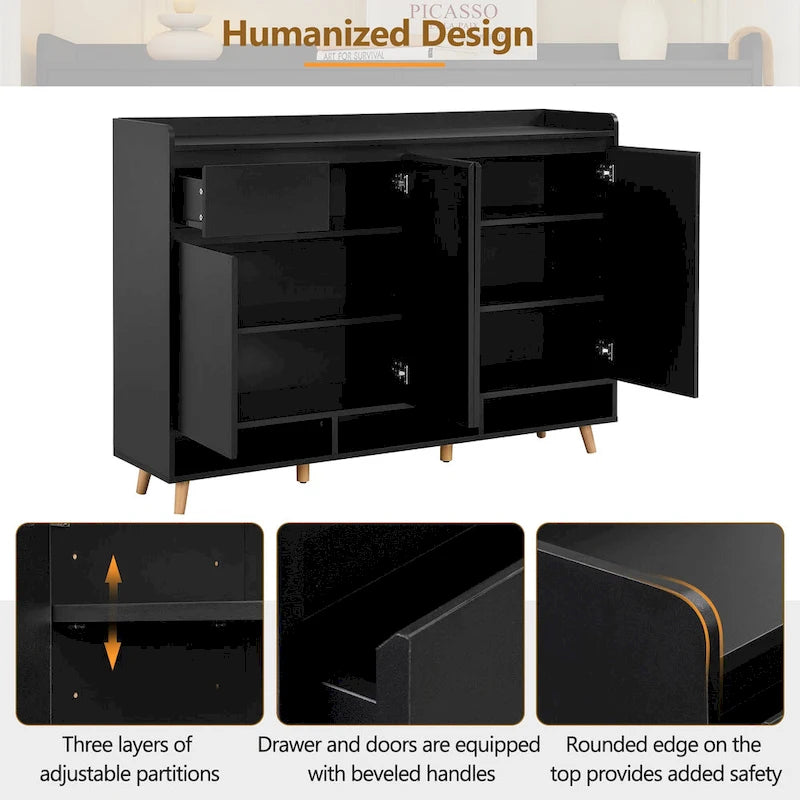 Sleek and Contemporary Shoe Cabinet with Adjustable Shelves, Minimalist Home Organizer with Solid Wood Legs