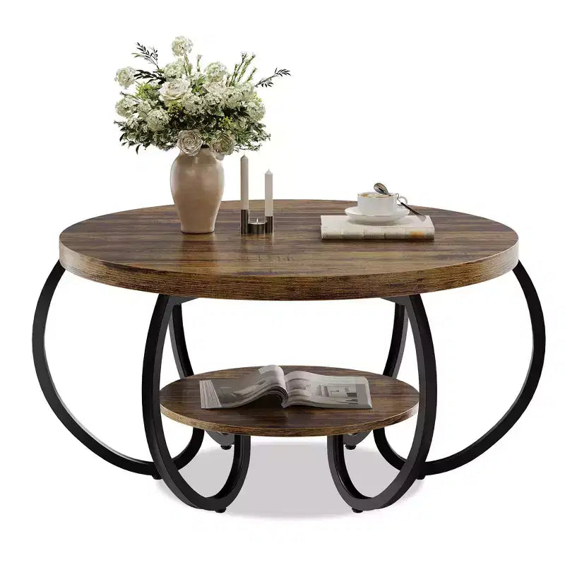 Tavolino rotondo industriale da 30 Inch a 2 livelli con piedini regolabili, ripiano effetto legno, design a fiamma, facile da montare, per soggiorno