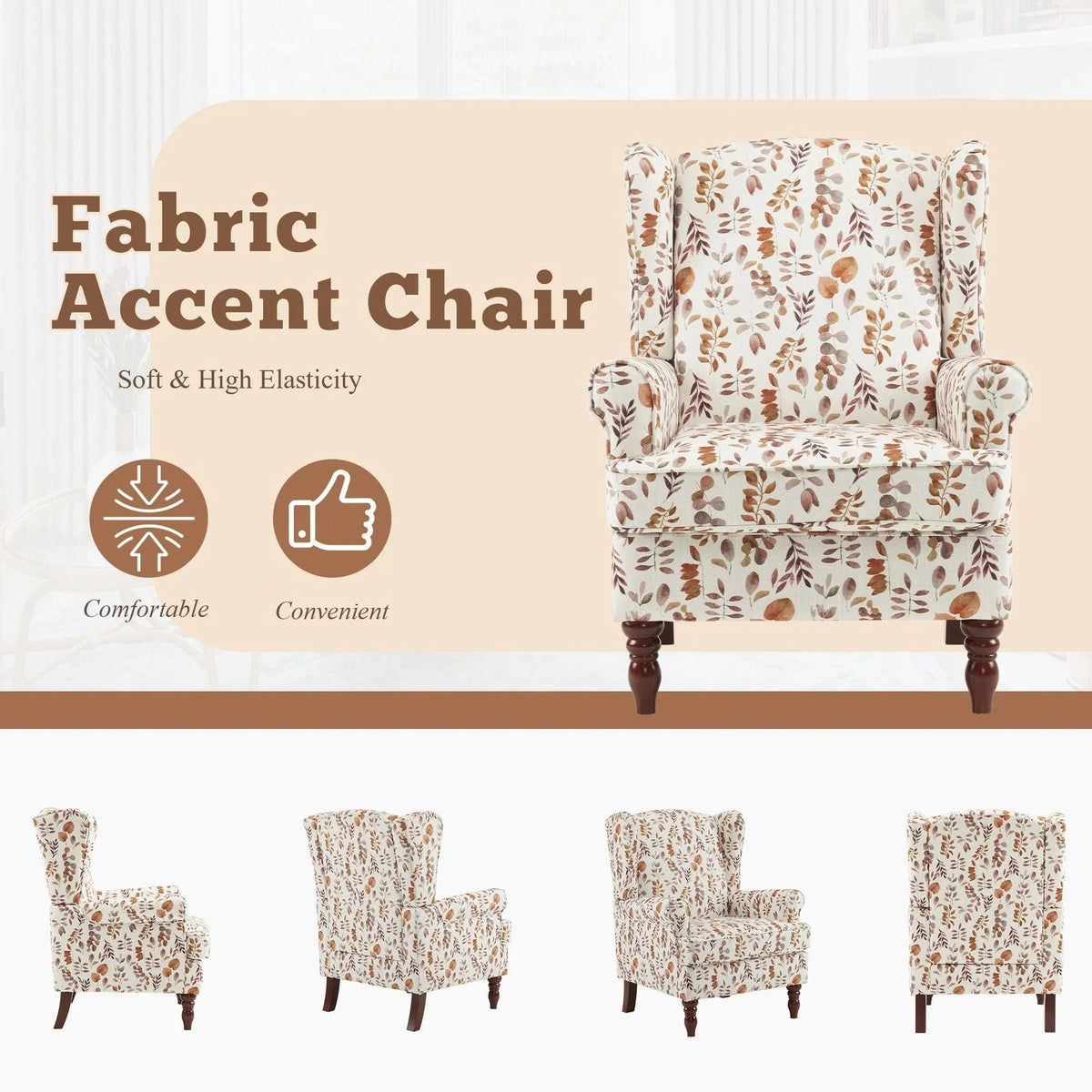 Erommy moderne fauteuil, fauteuil met hoge rugleuning, gestoffeerde eenzitsbank met knopen en houten poten voor de woonkamer