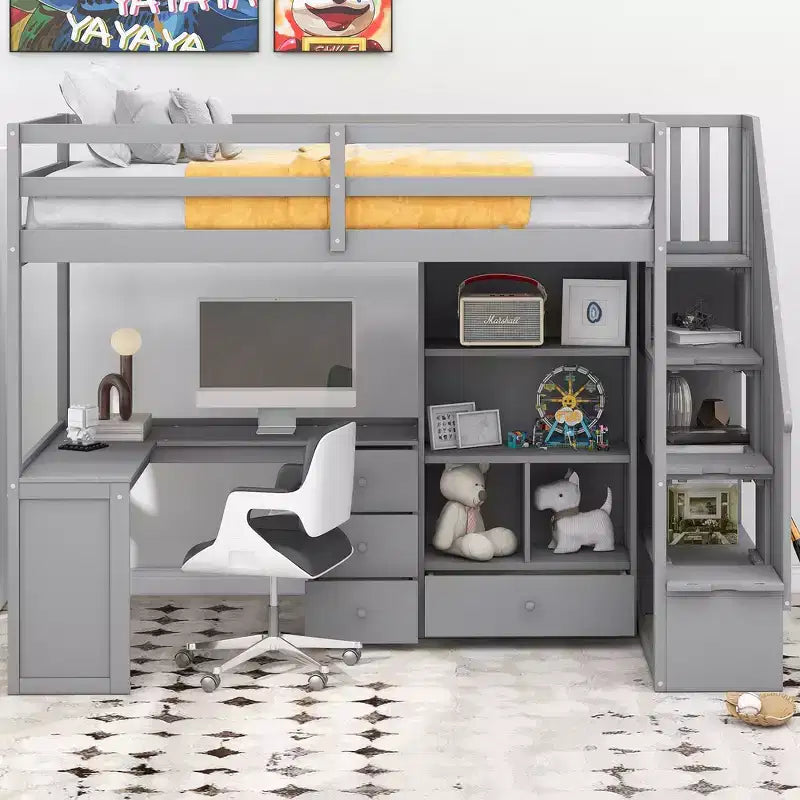 Lit mezzanine simple avec bureau en L, 3 tiroirs, armoire, rangement sous l’escalier, structure en pin massif/MDF