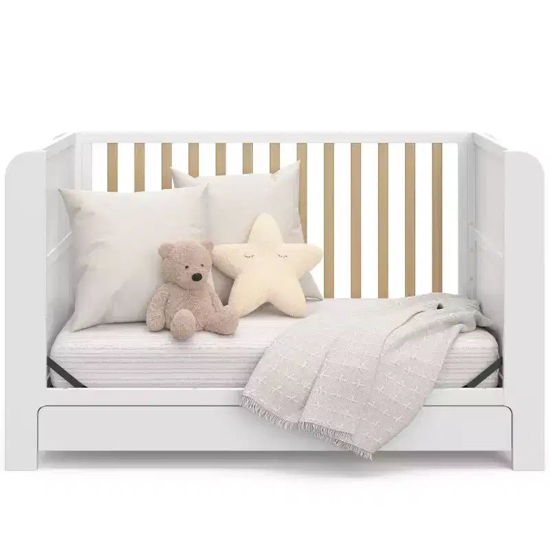 Lit de bébé convertible 4-en-1 avec tiroir et bibliothèques amovibles, sommier réglable