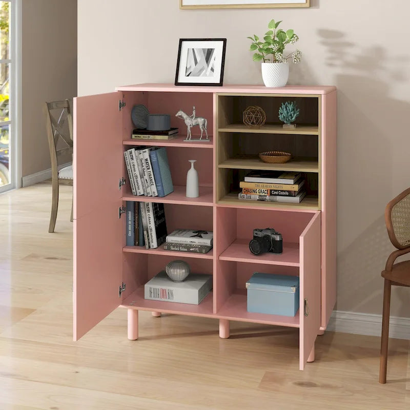 Multifunktionaler Aufbewahrungsschrank mit Tür, modernes Sideboard, Aufbewahrungsschrank aus Holz, Schubladenschrank mit Ledergriffen