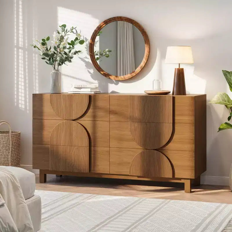 Moderne geometrische Kommode mit 6 Schubladen, breiter Stauraumschrank mit Halbkreismuster für Schlafzimmer und Wohnzimmer