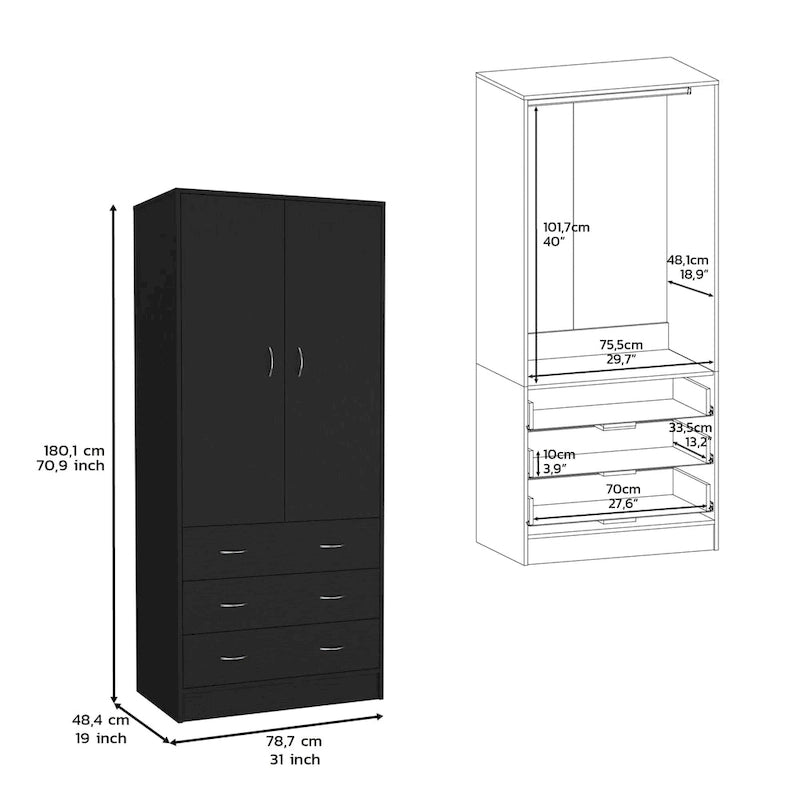 Armoire moderne à deux portes de 19 avec 3 tiroirs et 1 tringle à vêtements pour chambre