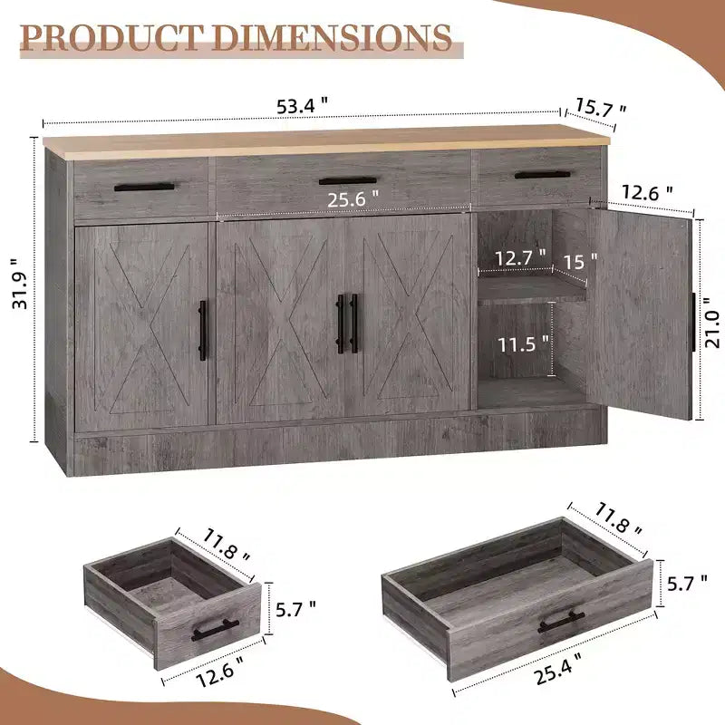 Credenza Celebalcony con contenitore, grande mobile da cucina da 53.4 con 3 cassetti e 4 ante, ripiano regolabile per cucina e soggiorno