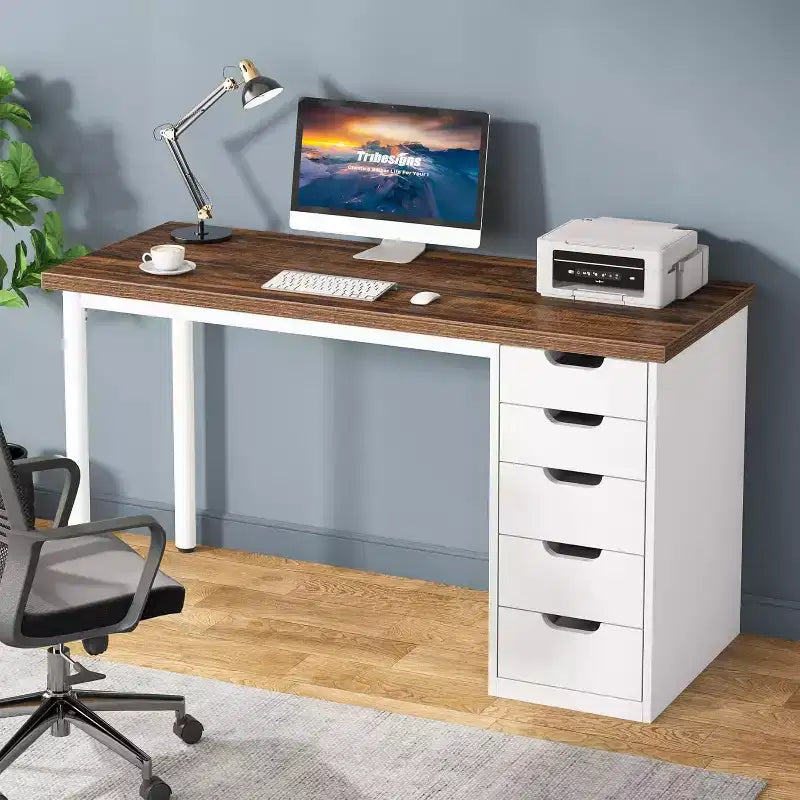 Bureau d’ordinateur Lantine avec 5 tiroirs, bureau moderne et sobre de 47 pouces pour le télétravail, les études et l’écriture, idéal pour les petits espaces