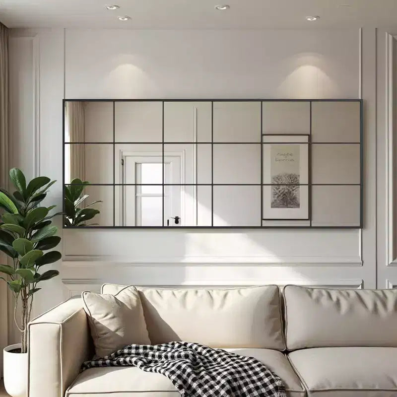 Specchio a figura intera rettangolare nero 69x30, con cornice in metallo e riquadri a finestra, per bagno, camera da letto, ingresso e soggiorno