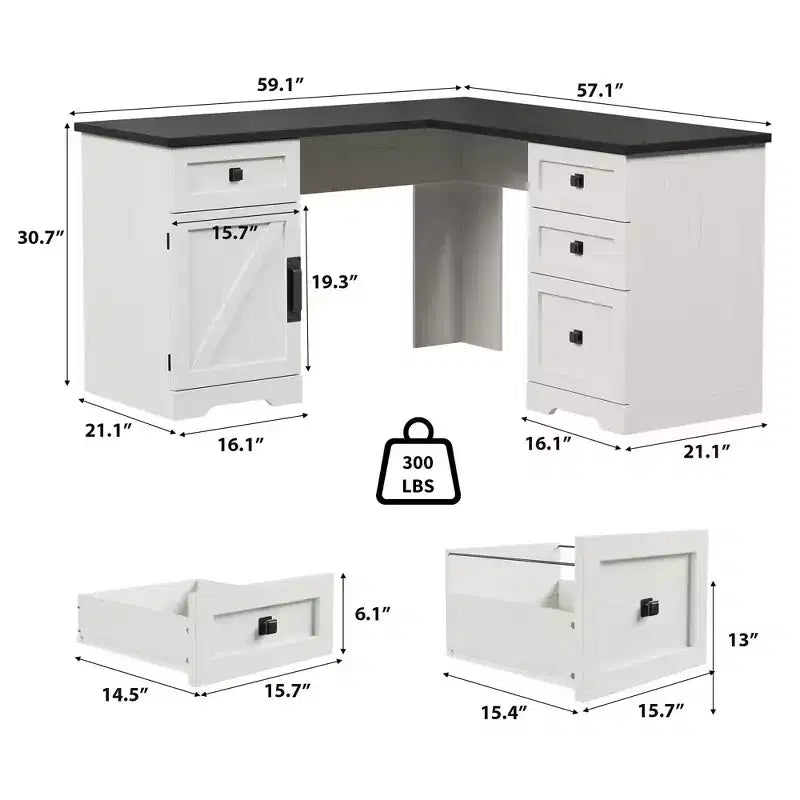 Scrivania direzionale angolare in stile rustico 60 a L, scrivania angolare per ufficio domestico con cassetto portadocumenti, mobile contenitore e ripiano regolabile