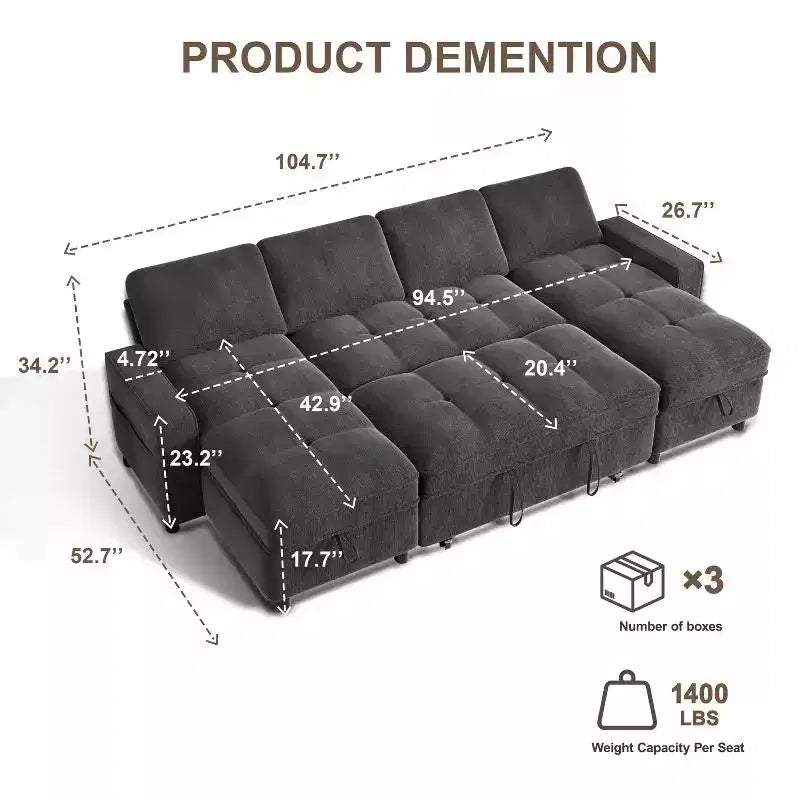 104-Zoll-U-förmiges Schlafsofa mit Stauraum, umwandelbar