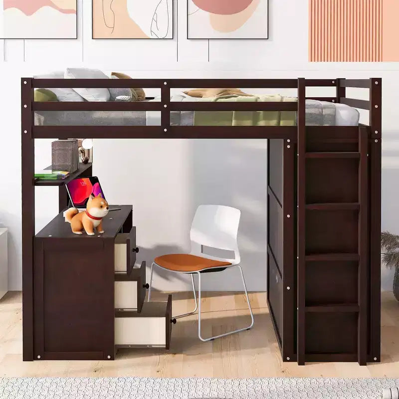 CLIHOME Hochbett in voller Größe mit 3 Aufbewahrungsschubladen, Schreibtisch und Kleiderschrank
