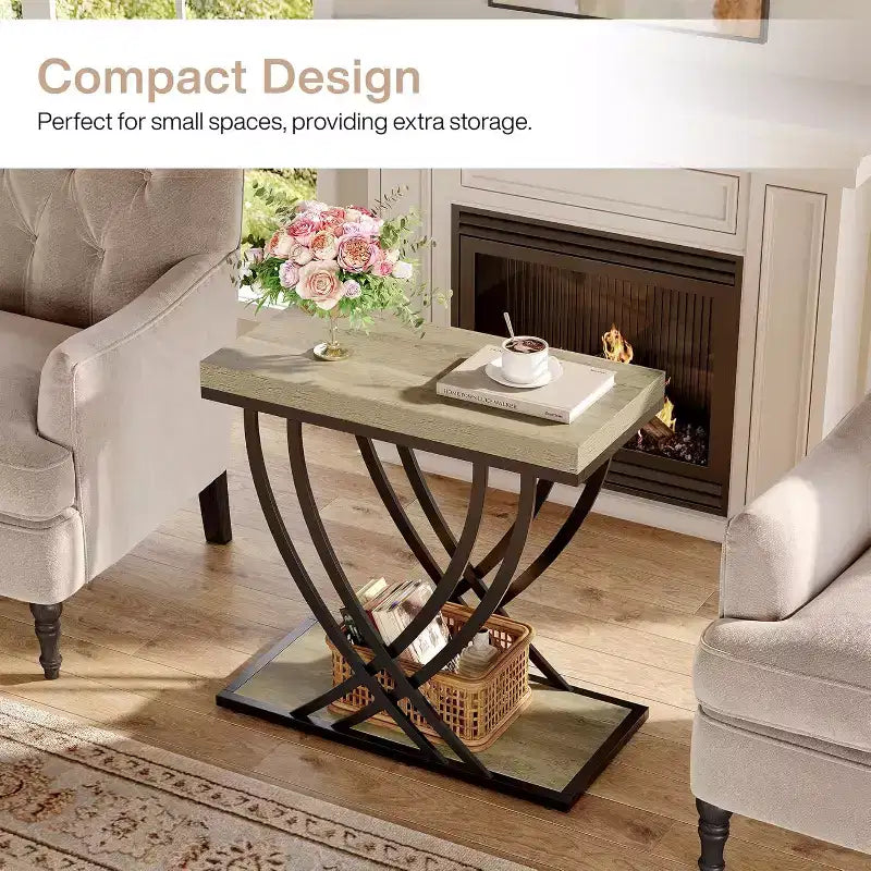 Table d’appoint à 2 niveaux, étroite, pour le salon, tables de chevet industrielles avec cadre en métal pour chambre, canapé, petits espaces, grise