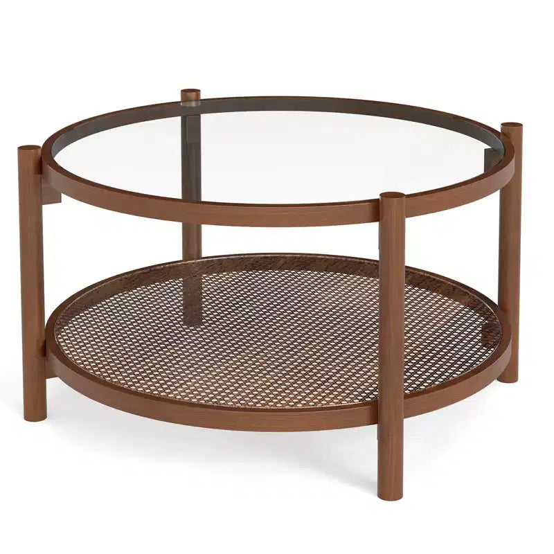 Tavolino rotondo da 31 con piano in vetro temperato e ripiano in rattan